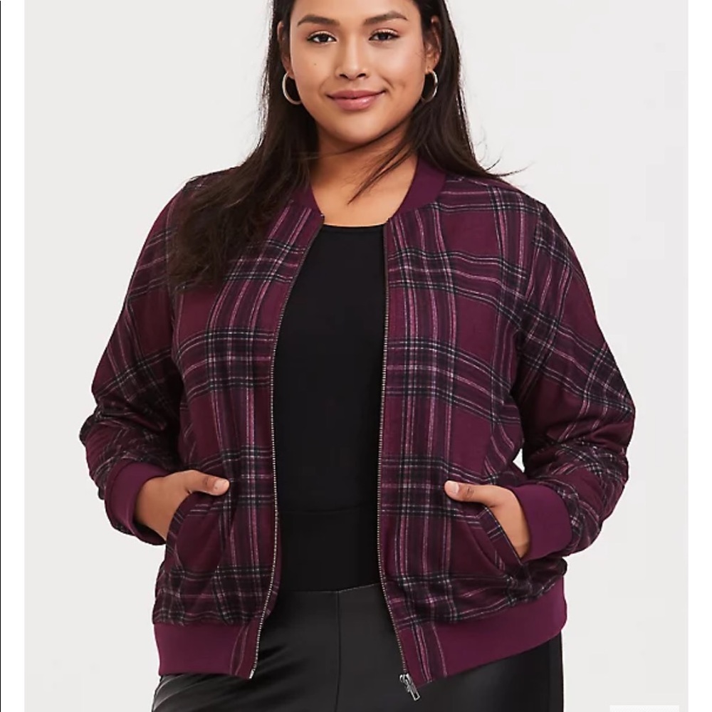 Burgundy Purple Plaid Brushed Ponte Bomber Jacket